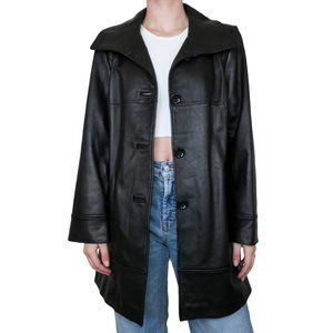 Vintage 90s Preston & York Black Leather Blazer Trench Coat - Genuine Lamb Skin